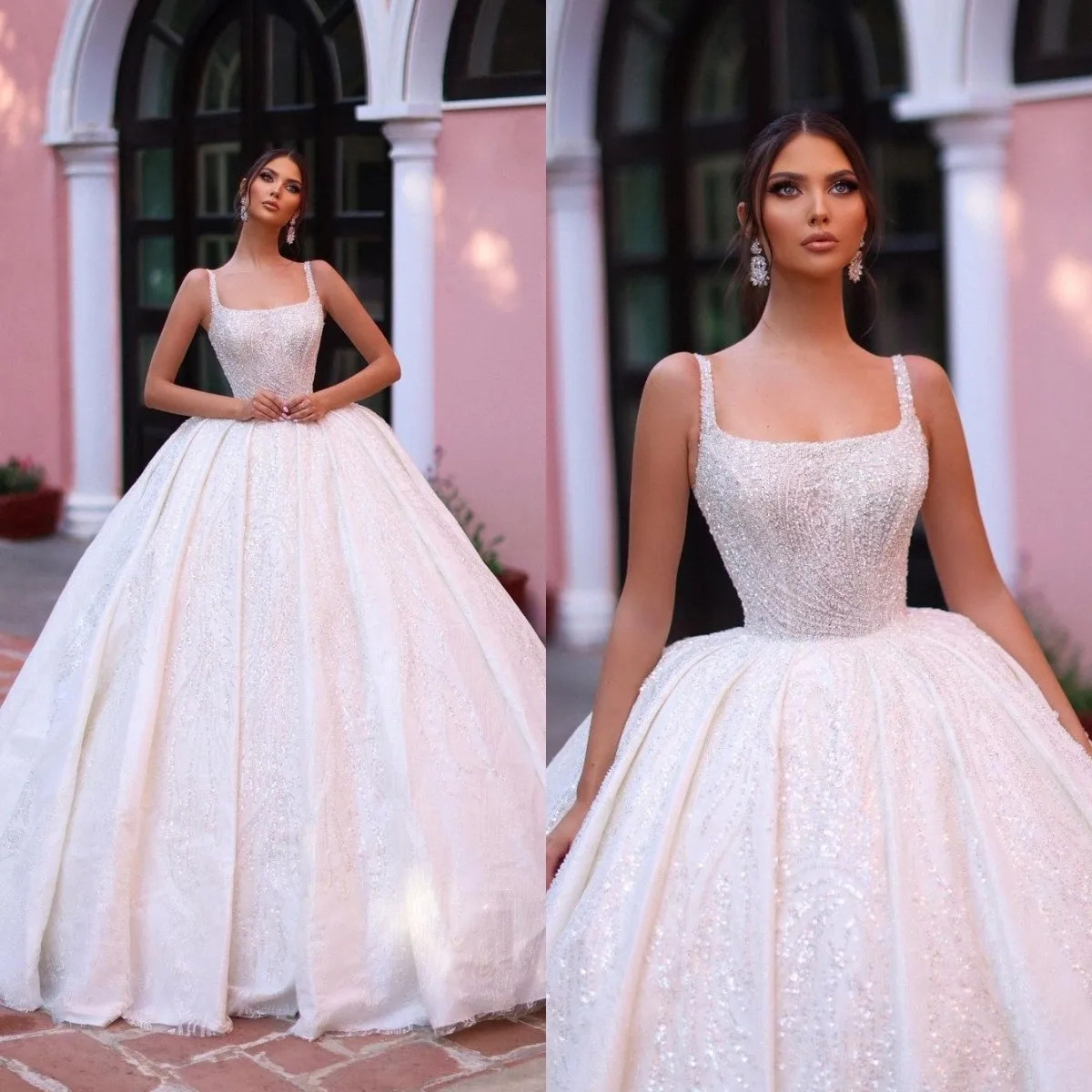 

Princess Ball Gown Wedding Dresses Women Square Neck Bridal Gowns Lace Beading Sequins Vintage Wedding Robe de Mariage
