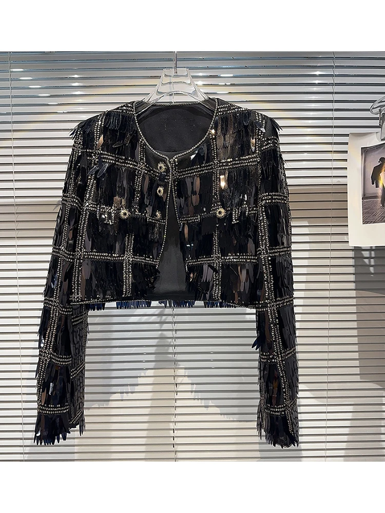 

Новинка 2023, модная дизайнерская куртка, Женская потрясающая короткая куртка с блестками и бисером