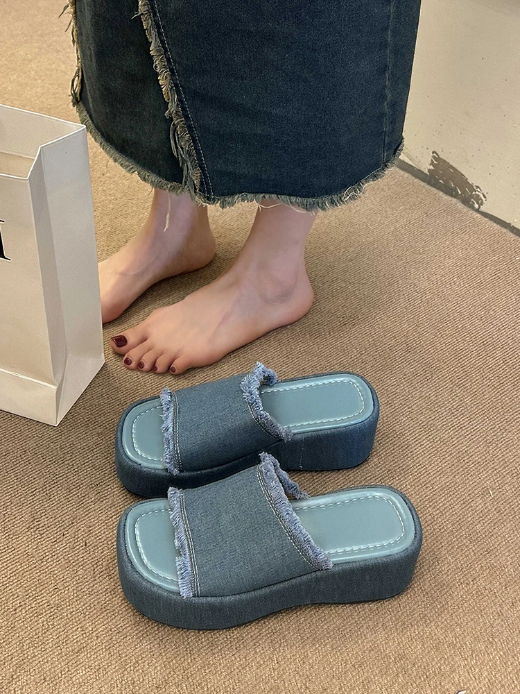 

Denim Women's Shoes Female Slippers Heeled Mules Slides Fashion 2023 High Summer Flat Soft Luxury Fabric Rome Rubber Cotton