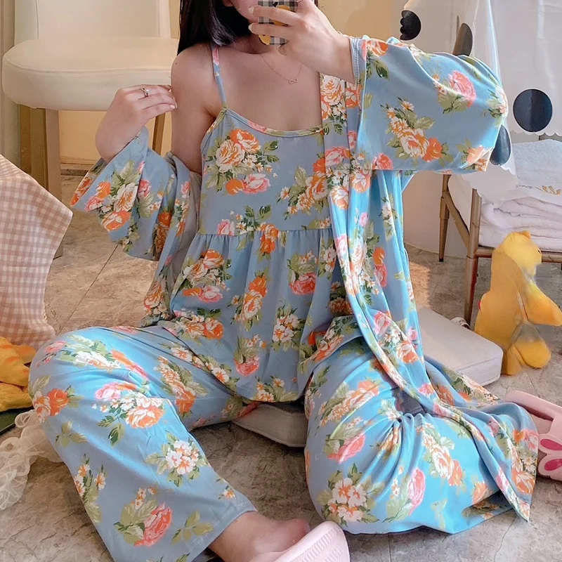

Fashion Women Pijama Cotton 3Pieces Spring Autumn Pajamas Sets Women Sexy Sling Robe Pajama Sleepwear Set Sleeveless Nightwear