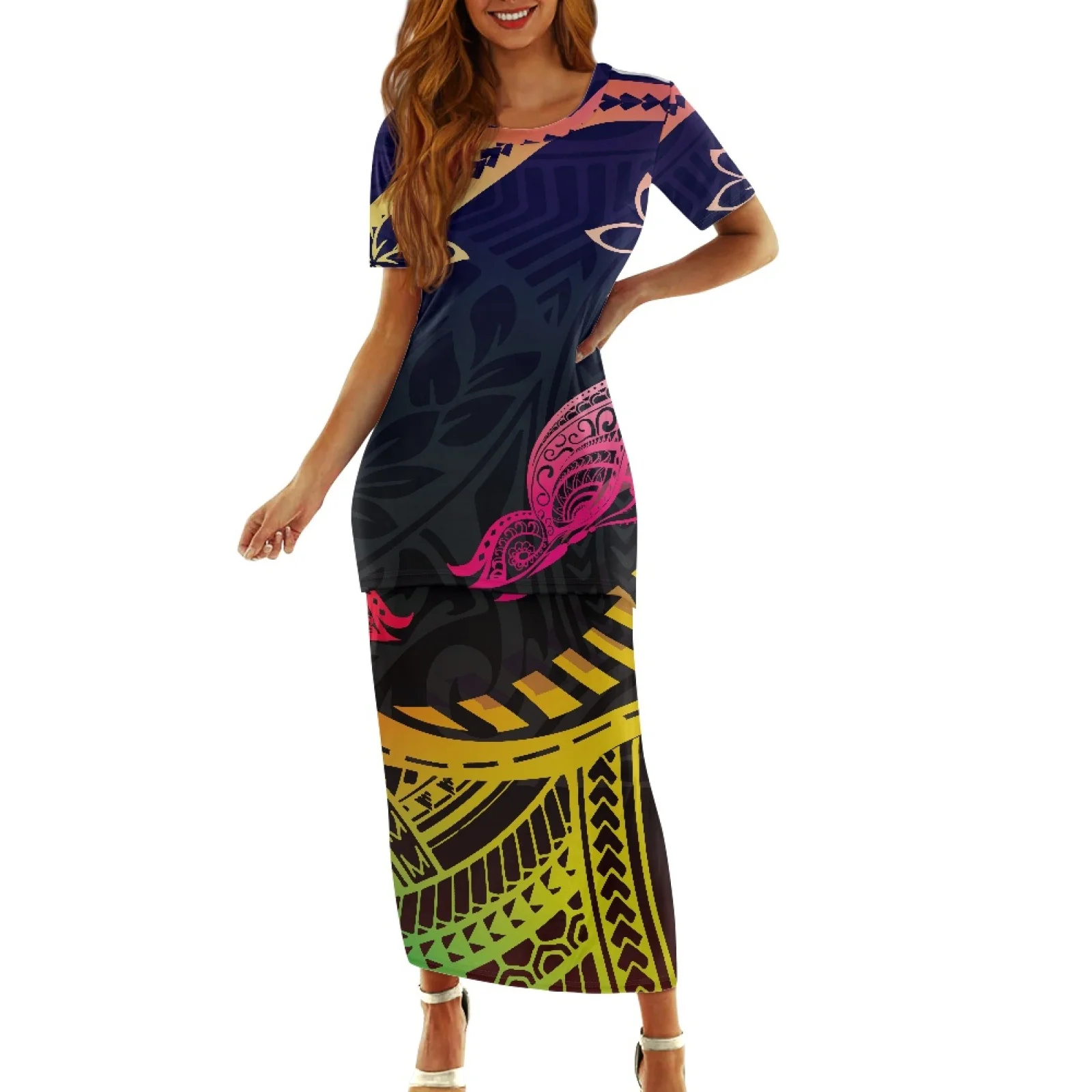 

Polynesian Tribal Tongan Totem Tattoo Tonga Prints Butterfly Print Dresses Summer Bonfire Party Round Neck Dress Two Piece Set