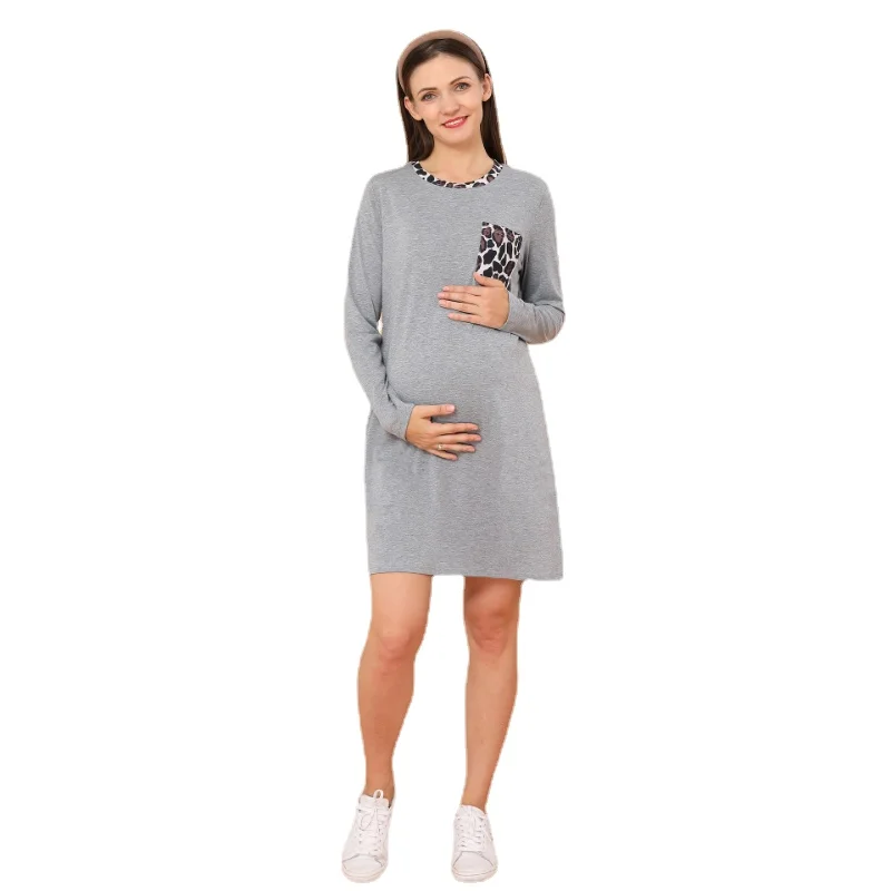 Spring & Autumn Women Fashion Maternity Clothes Cotton Leopard Boat Neck Casual Plus Size Dress Pregnancy Dress Maternity Gown