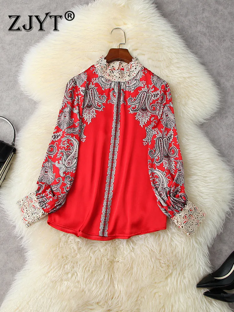 

Блузка женская с воротником-стойкой и вышивкой, элегантная рубашка с винтажным принтом в стиле пэчворк, модный универсальный Топ с длинным ...