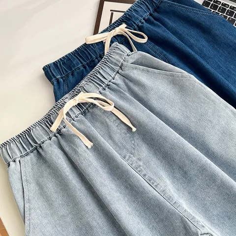 Женские прямые джинсы с завышенной талией, повседневные брюки с широкими штанинами и поясом на резинке, модель 100 на весну и осень, 2400 кг