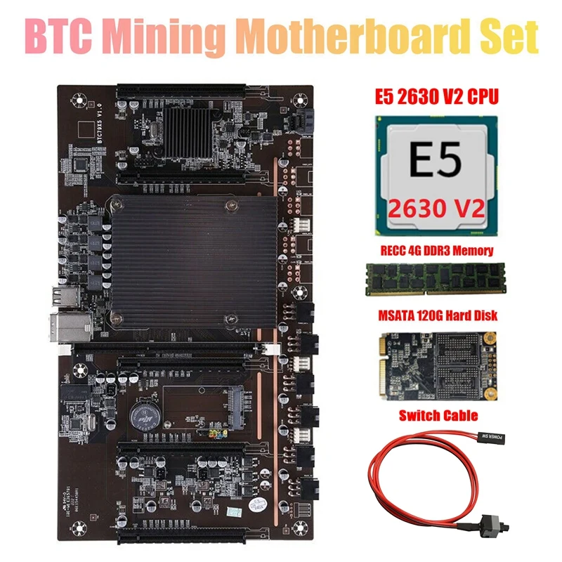 

X79 H61 BTC Mining Motherboard Support 3060 3070 3080 GPU with E5 2630 V2 CPU+RECC 4G DDR3 Ram+120G SSD+Switch Cable