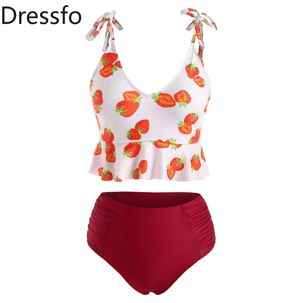 

Dressfo Tummy Control Tankini Swimwear Strawberry Print Tied Shoulder Ruched Peplum Summer Beach Swimsuit Bathing Suit Women