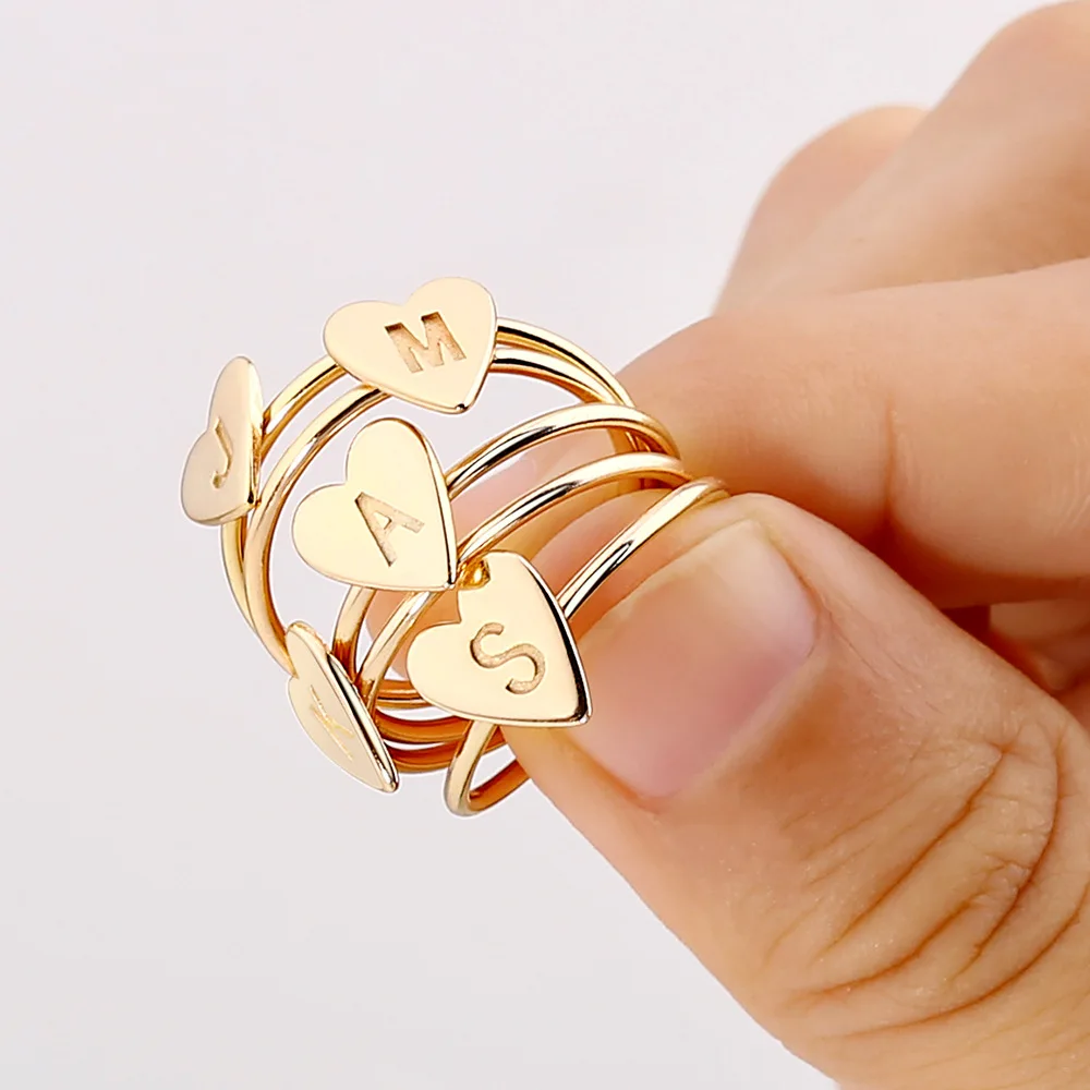 

HIYONG Copper Material Custom Heart 26 English Letter Ring Simple Fashion Opening Adjustable Ring