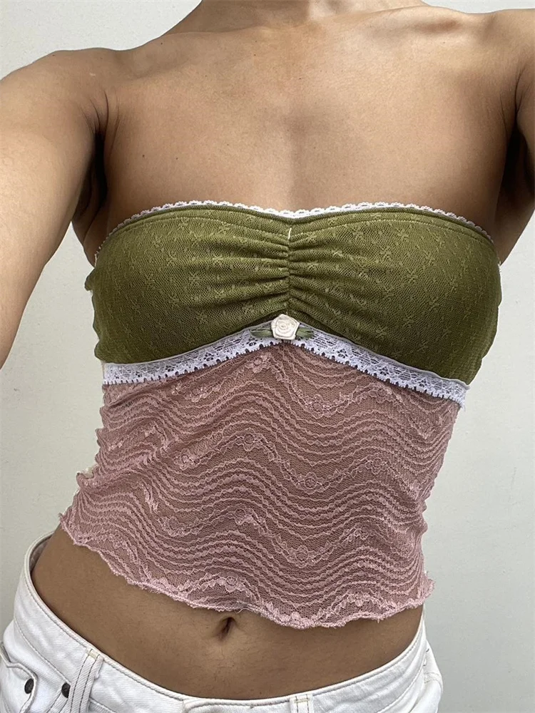 

CHRONSTYLE Retro Lace Flower Tube Tops for Women Summer Party Streetwear 2023 Sexy Strapless Off Shoulder See Through Tank Vest
