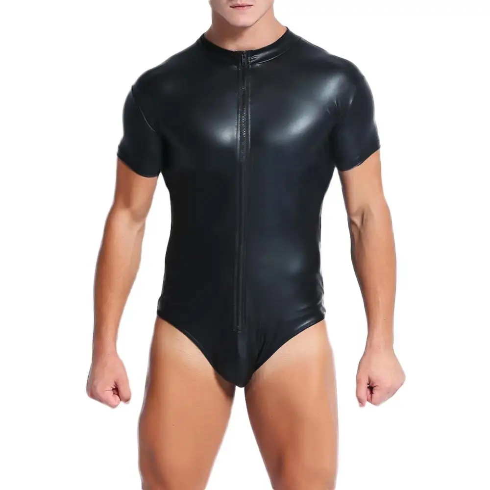 

Night Club Sexy Men Short Sleeve Faux Leather Zipper Bodysuit Slim Jumpsuit