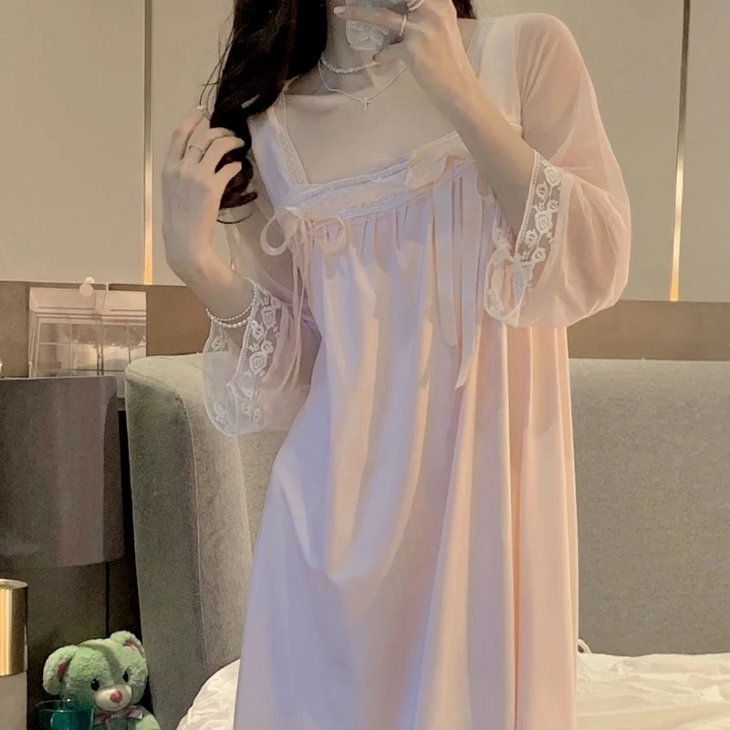 QWEEK Night Dress Women Sleepwear Lace Bow Kawaii Nightgowns Pink Green Girls Home Clothes Spring Autumn Sleepshirts