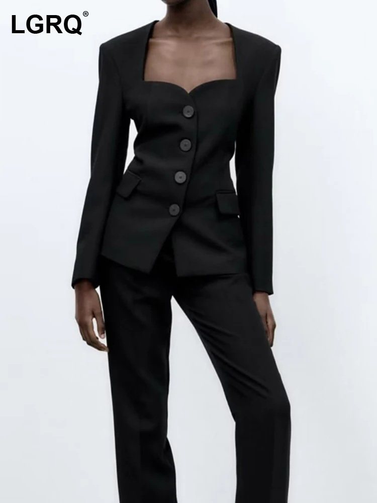 

LGRQ 2023 Fashion Casual Solid Color Women's Personality Niche Design Blazer Autumn Square Neck Slim Suit Jacket Street 19F1730