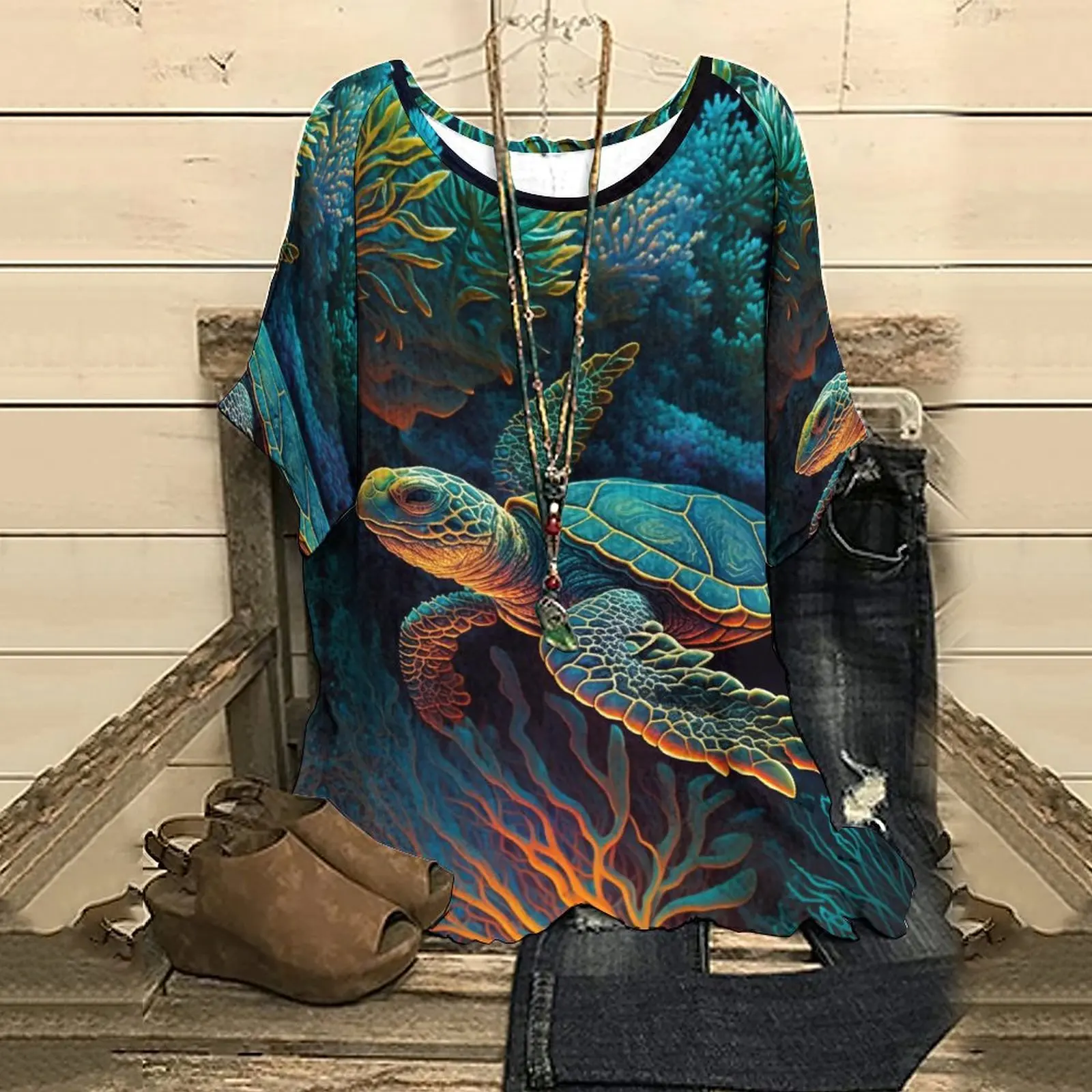 

Модная Летняя женская футболка, женский топ с рукавом до локтя, топы с принтом листьев и черепахи, футболка, уличная одежда