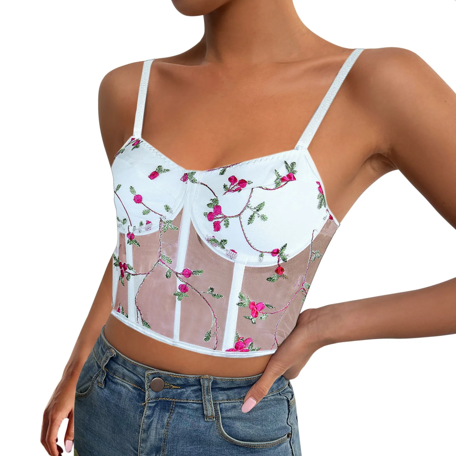 

Women's Punk Goth Floral Lace Bustier Corset Party Bralet Crop Top Junior Crop Tops