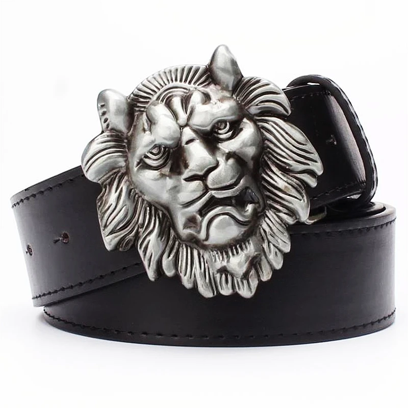 Silver Lion Head Belt Fashion Male Lions Pattern Metal Buckle Pu Leather Drop Shipping