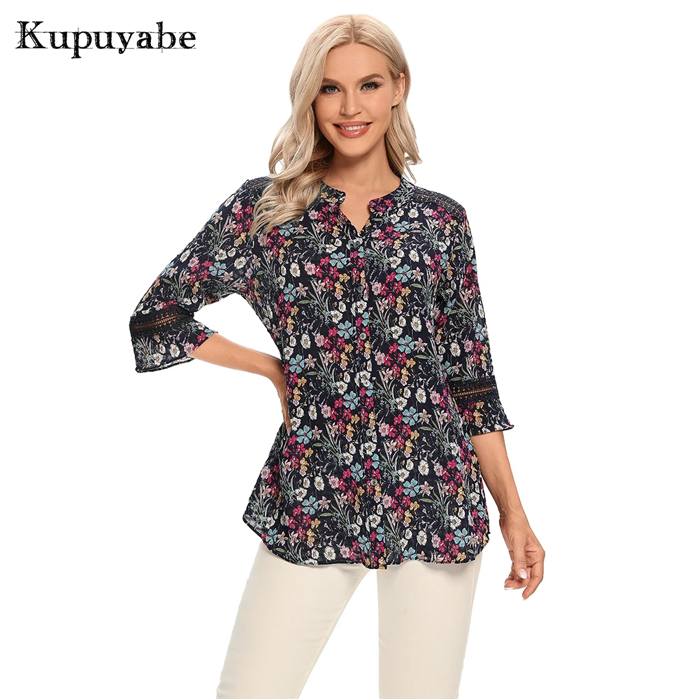 

KUPUYABE Women's Shirt Summer Polyester Printed Shirts 3/4 Sleeves Women's Casual Fashion Ladies Tops