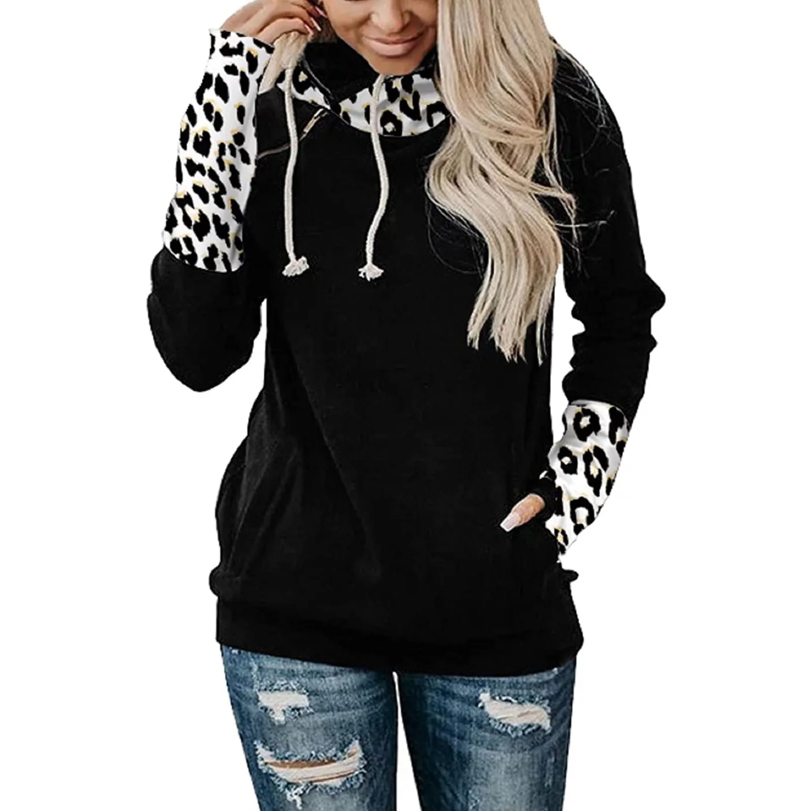 

Women's Fashion Tops Shirts Print Long-sleeved Hooded O Neck Warm Sweatshirt Casual Splicing Winter Blouse Casual Blouse