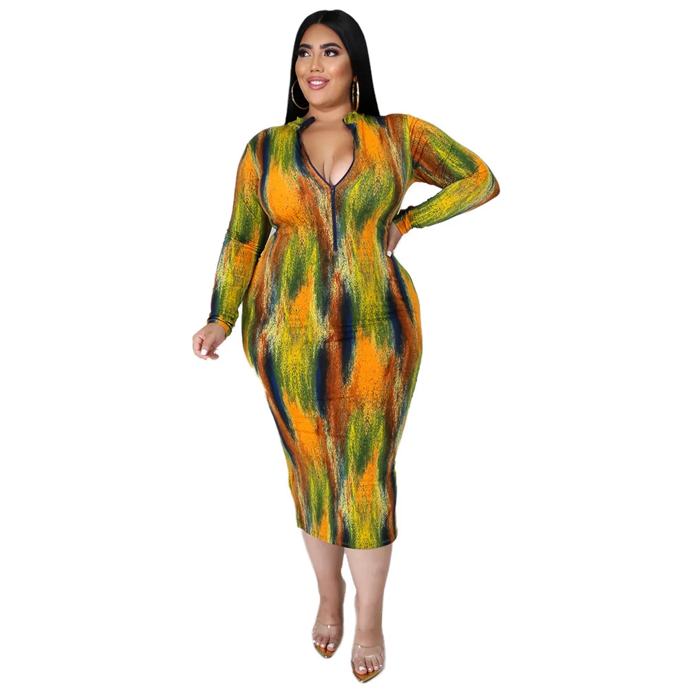 Plus Size Dresses New Fashion Sexy Women's High-necked Long-sleeved Slim Tie Dyed Printed Medium Length Slim Women's Dresses