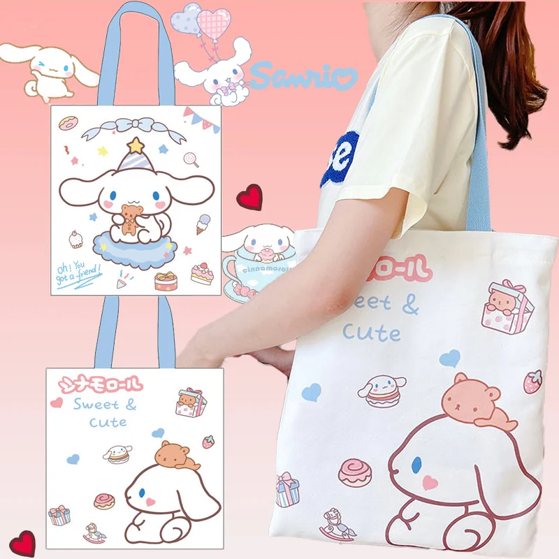 

Sanrio Cinnamoroll Shoulder Bag Kawaii Girl Cartoon Portable Print Double-sided Canvas Bag Large Capacity School Work Tote