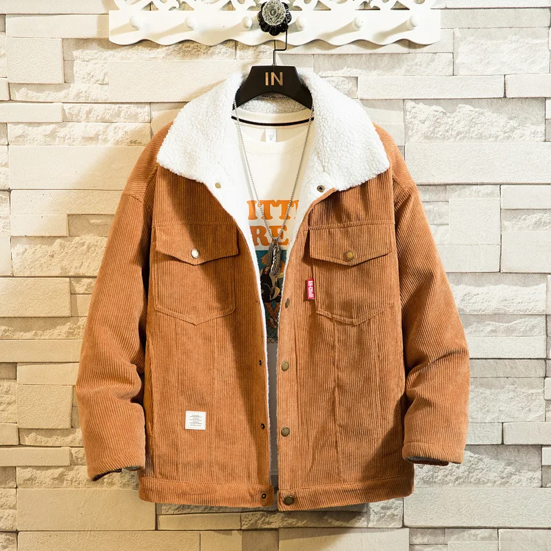 Plus Size Loose Thickened Imitation Lamb Wool Corduroy Cotton Coat Men's Fashion Casual Cardigan Winter Warm Coat Korean Clothes