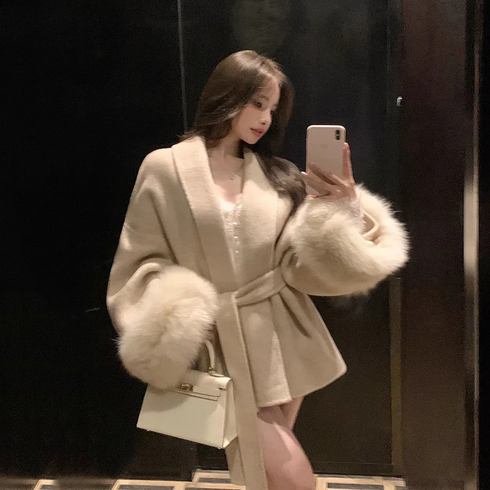 Корейская Двусторонняя кашемировая куртка Женское зимнее пончо из лисьего меха