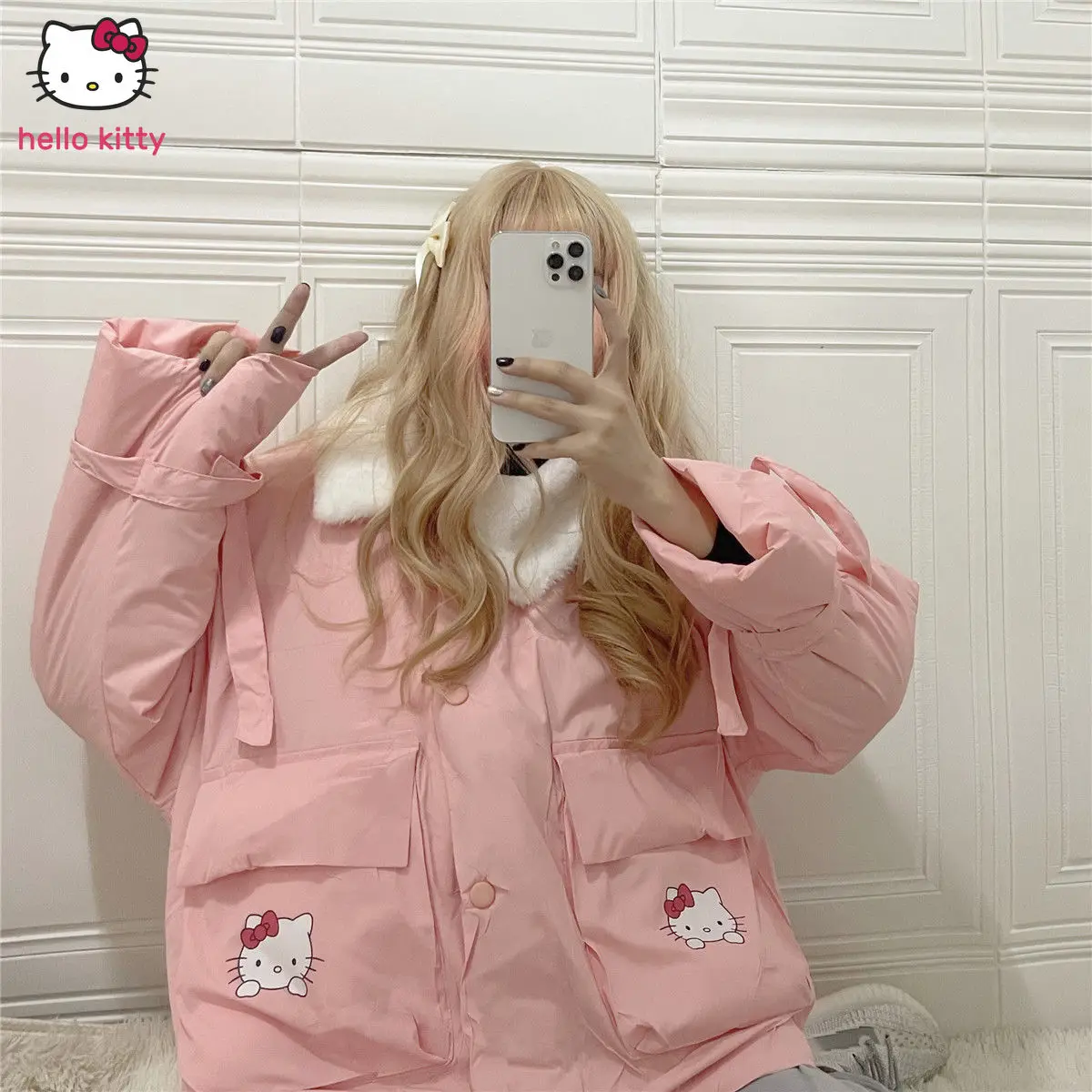 

2021hello Kitty New Fur Collar Thickened Girls' Coat Cartoon Cotton-Padded Coat for Female Students Loose Cotton Coat Coat