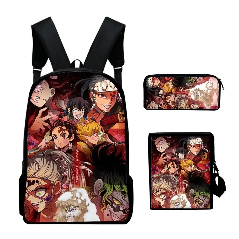 Demon Slayer Season 2 New Children Cartoon Large Backpacks 3-piece Set Nezuko Tanjirou Shoulder Bags with Cute Pen Bag All-match