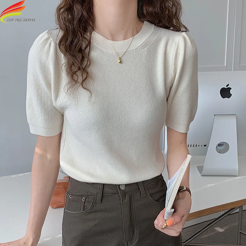 

DFRCAEG 2022 Summer New Sweater Women's Pullover Casual Slim Bottoming Sweaters Female Elastic Cotton Short Sleeve Tops Femme