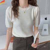 dfrcaeg 2022 summer new sweater womens pullover casual slim bottoming sweaters female elastic cotton short sleeve tops femme