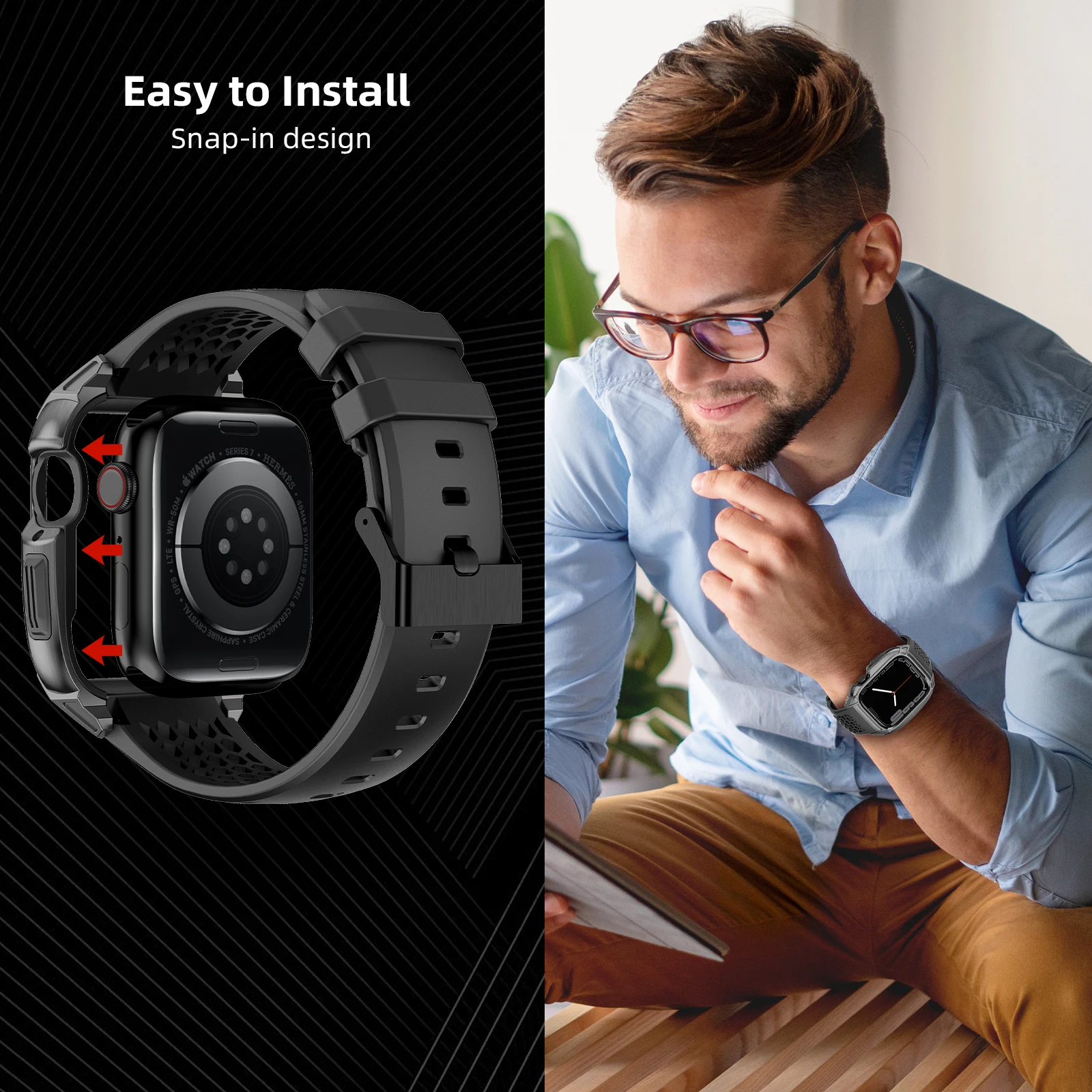 Stainless Steel Case Rubber Strap for iWatch Series 7 44MM 45MM Metal Modification Kit For Apple Watch Band 6 5 4 SE Diy Mod Set