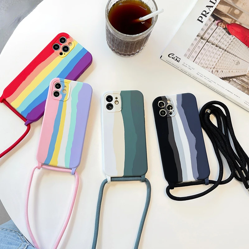 

Colorful Rainbow Liquid Silicone Case For iPhone 13 12 Mini 11 Pro Max XS X XR SE 2 7 8 Plus Crossbody Lanyard Hang Strap Cover
