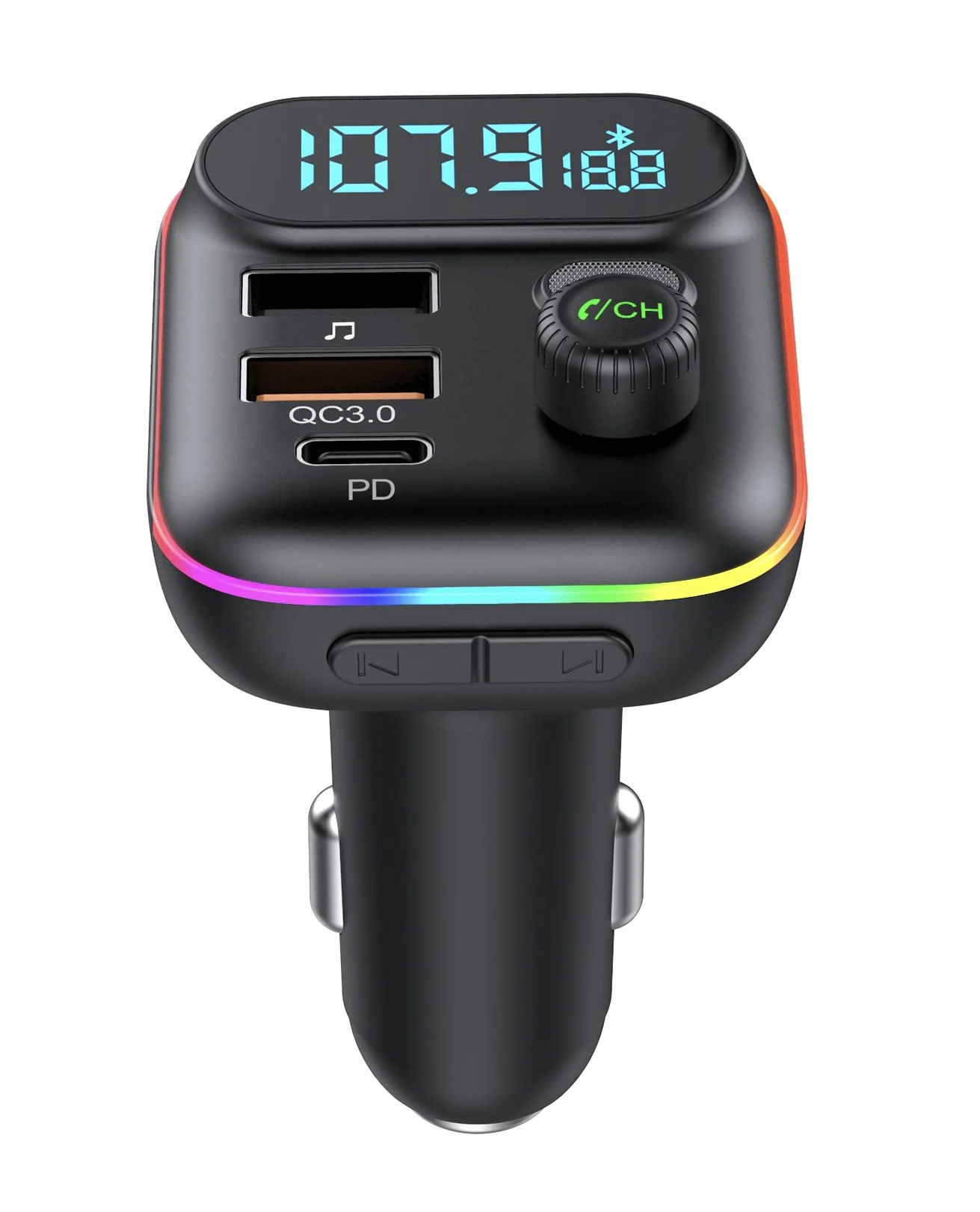 

T70 colorful atmosphere lights car Bluetooth MP3FM transmitter QC3.0 fast charge PD plug card plug U disk singing mini
