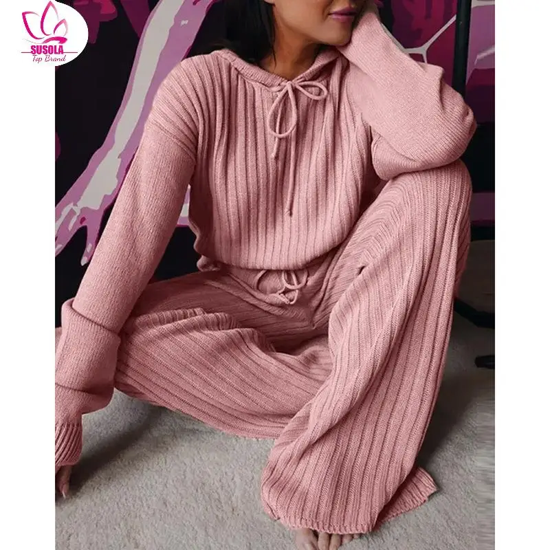 SUSOLA повседневные однотонные вязаные комплекты из двух предметов в рубчик