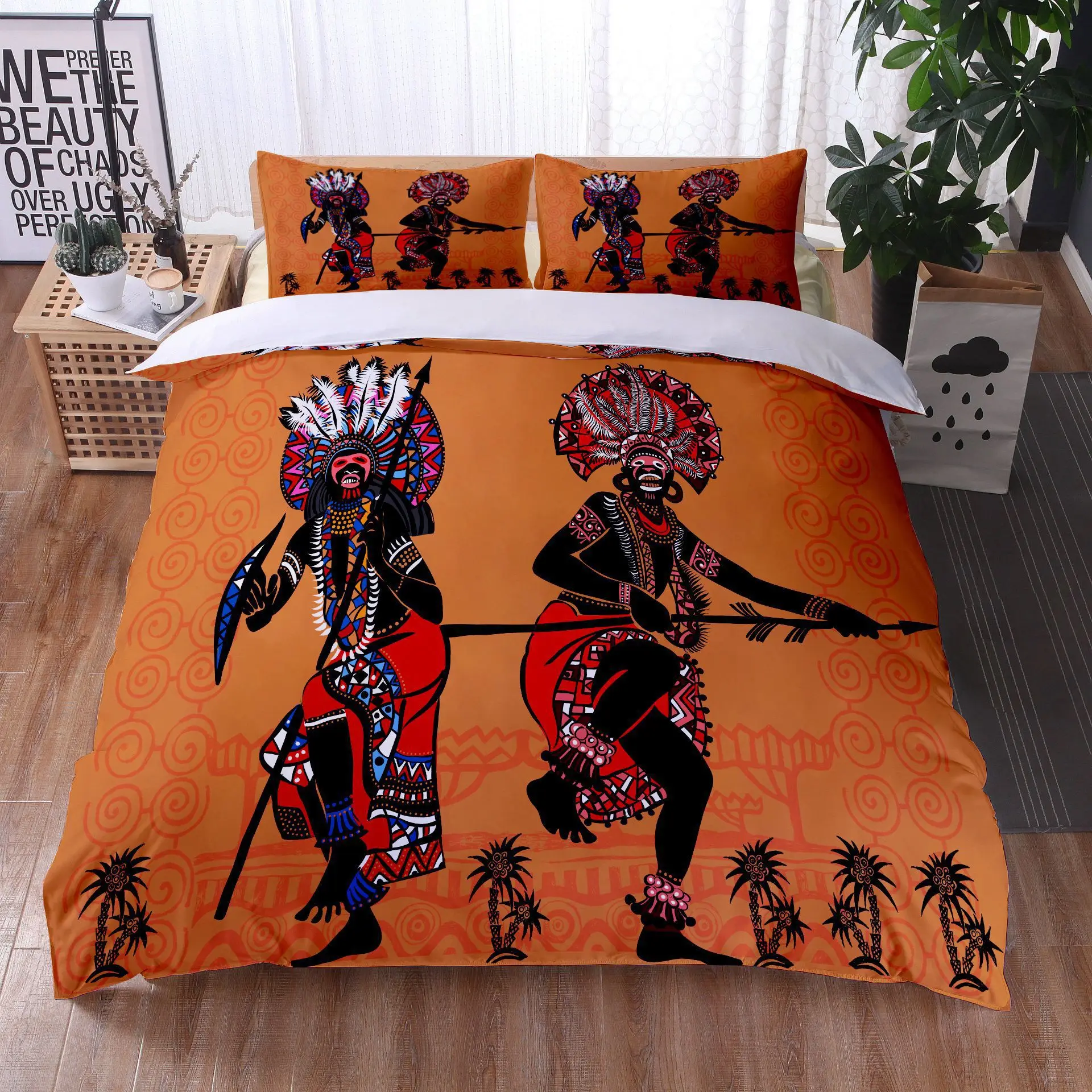 

African Woman Bedding Set Ethnic Afro Duvet Cover Microfiber African American Comforter Set 3 Pieces Orange Ancient Desert Full