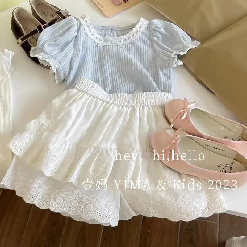 

Blue Set Little Girls Lace Children Clothing Set Two 2 Piece Skirt Set Top+skirts Baby Clothes Kids Birthday Outfits For Women