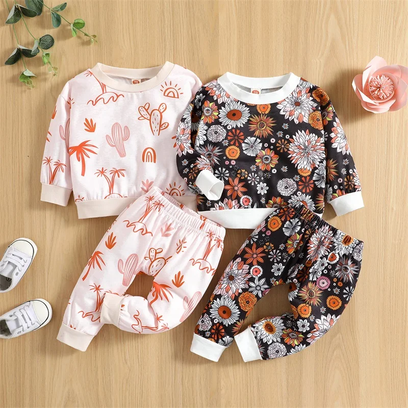 

Модный комплект со штанами для маленьких девочек и мальчиков, Детская футболка с длинными рукавами и принтом кактуса/цветов и штаны с эласт...
