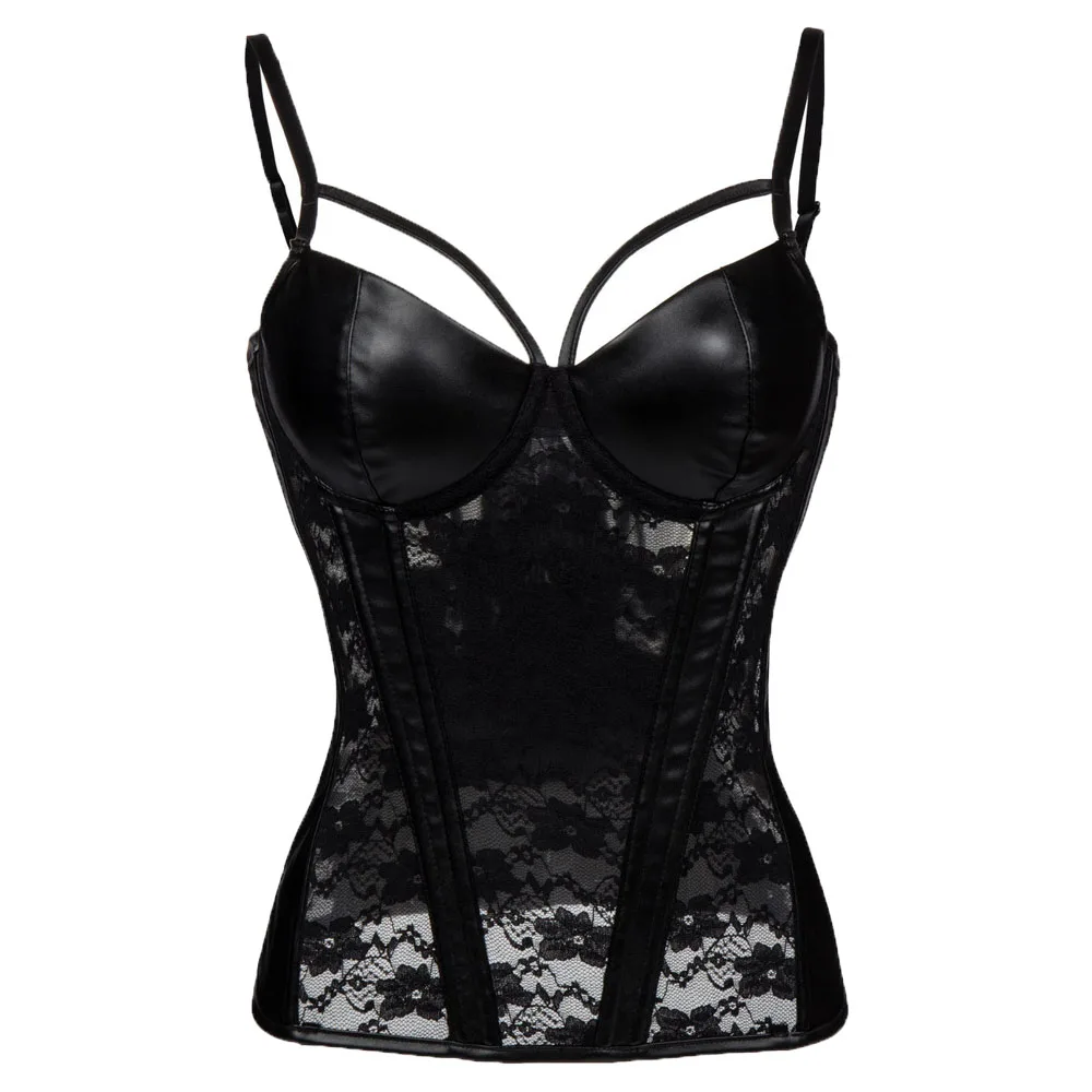 

Sexy Faux Leather Push Up Overbust Coset Bustier with Garters