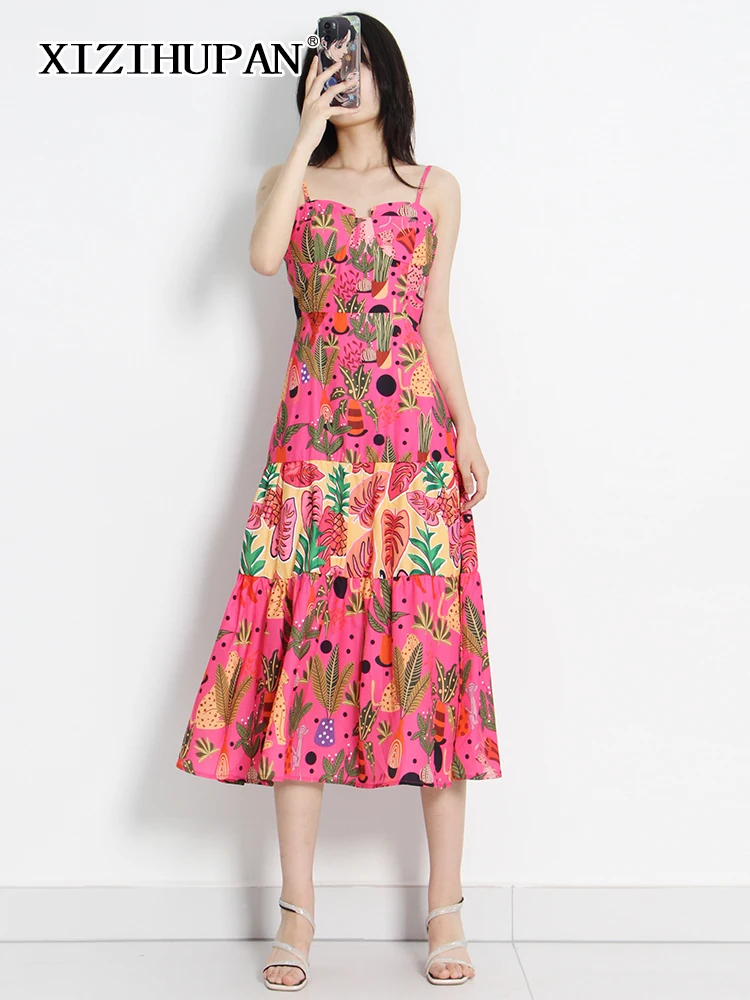 

XIZIHUPAN Print Colorblock Dress For Women Strap Sleeveless High Waist Sexy Midi Dresses Female 2022 Summer Fashion Clothing New