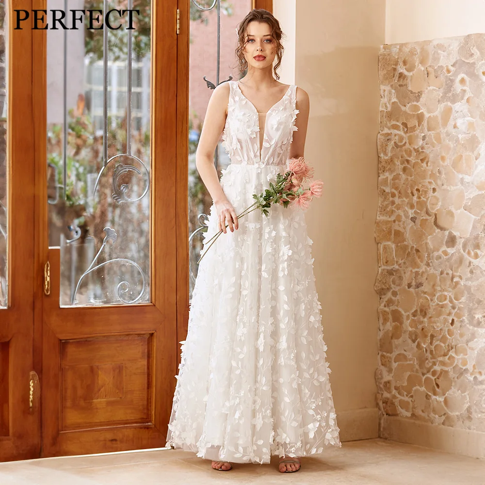 

PERFECT Gorgeous Wedding Dresses For Woman A-line V-Neck Floor-Length Open Back Appliques Tulle Charming Lace robe de mariée