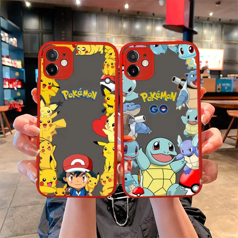 

Pokemon Squirtle Bulbasaur Pikachu Phone Case For iphone 13 12 11 Pro Mini Max XS X 8 7 Plus SE 2020 XR Matte Light red Cover