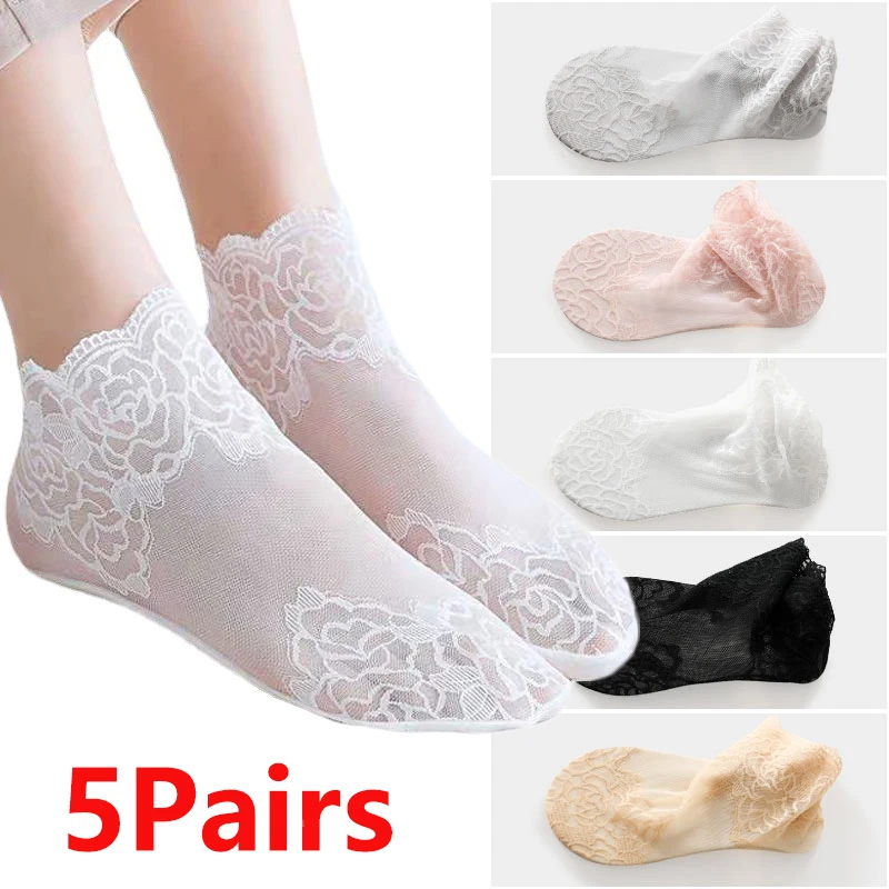 

5pairs Summer Stockings for Women Leaves Lace Invisible Socks Thin Ladies Lace Boat Socks Hollow Non-slip Shallow Socks Female