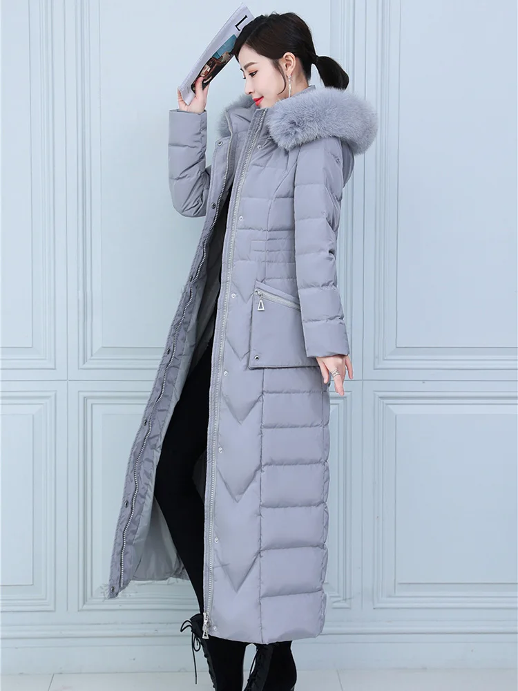 New Women Lengthened Down Jacket Winter Coat Fashion Real Fox Fur Collar Thicken Warm Down Coat Slim Long Hooded Overcoat Female