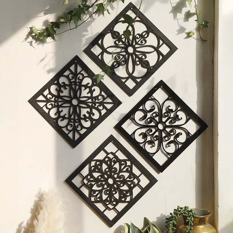 

4Pcs Black Wooden Hollow Wall Decor Carve Designs Boho Home Decoration Hexagon Square Hanging Wall Decor Room Decors Aesthetict