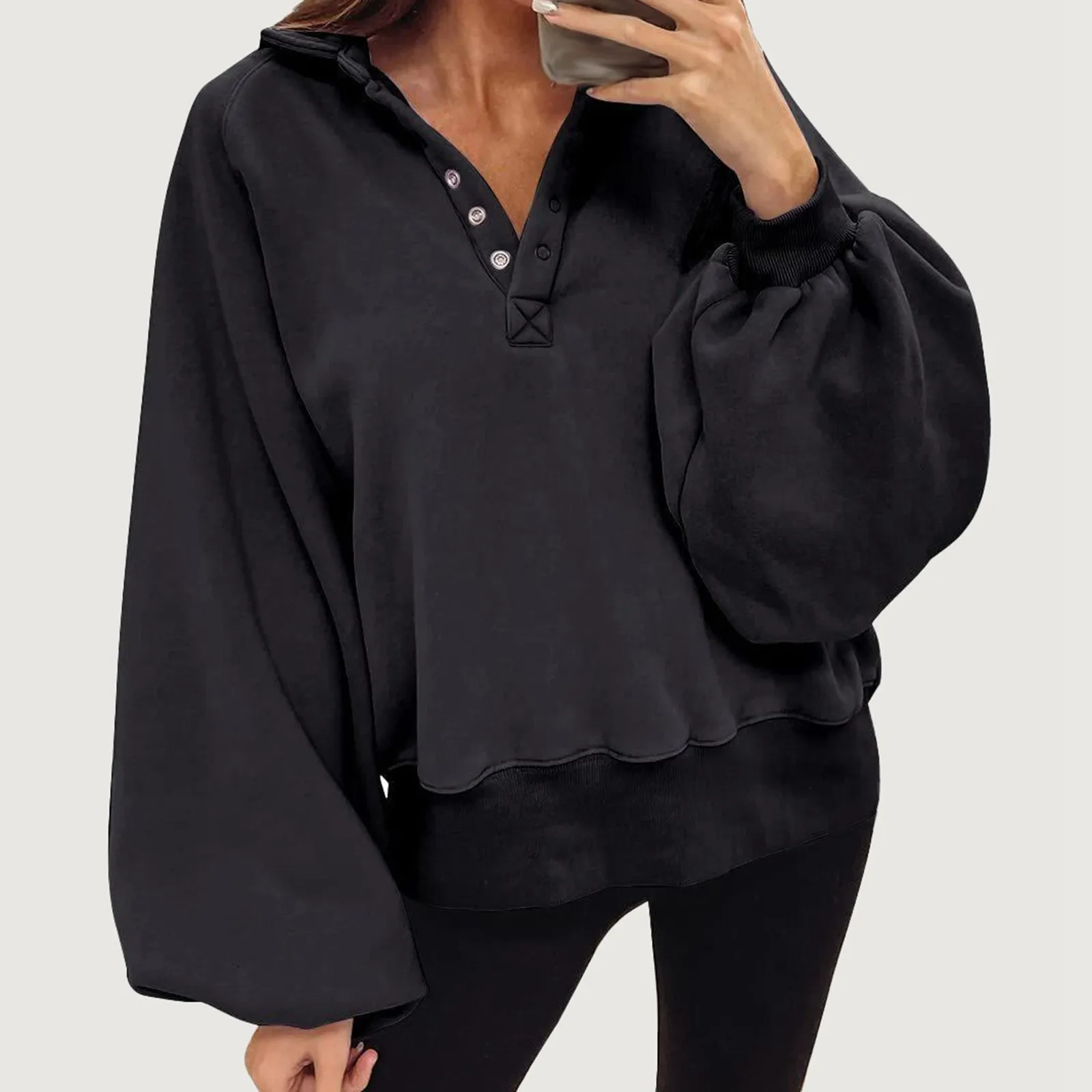 

Ladies Shorts Outfits Women's Casual Sleeve Solid Color Sweatshirt With Buttoned Collar Pullover Sports Top