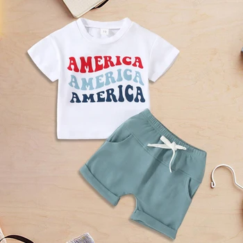 Baby Boys Casual Sports Tops Shorts Two-Piece Set Pullover T Shirt Tops and Shorts Cotton Letter Printed  Children Clothes Sets 1
