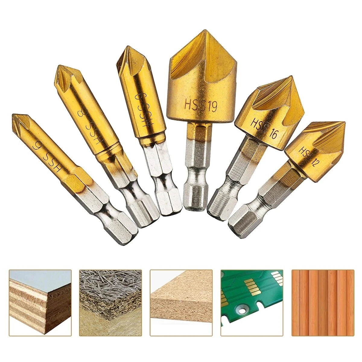 

3/6pcs HSS Chamfer Countersink Chamfer Drill Bit 1/4" Hex Shank 90 Degree Wood Chamfering Cutter 6mm-19mm Countersink Drill Bits