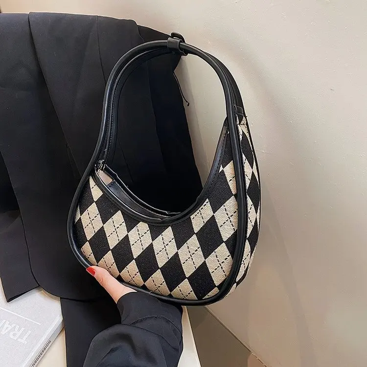 

Retro Armpit Hobos Canvas Shoulder Bags For Women 2022 Luxury Designer Small Handbag Classic Check Pattern Women Shoulder Purse