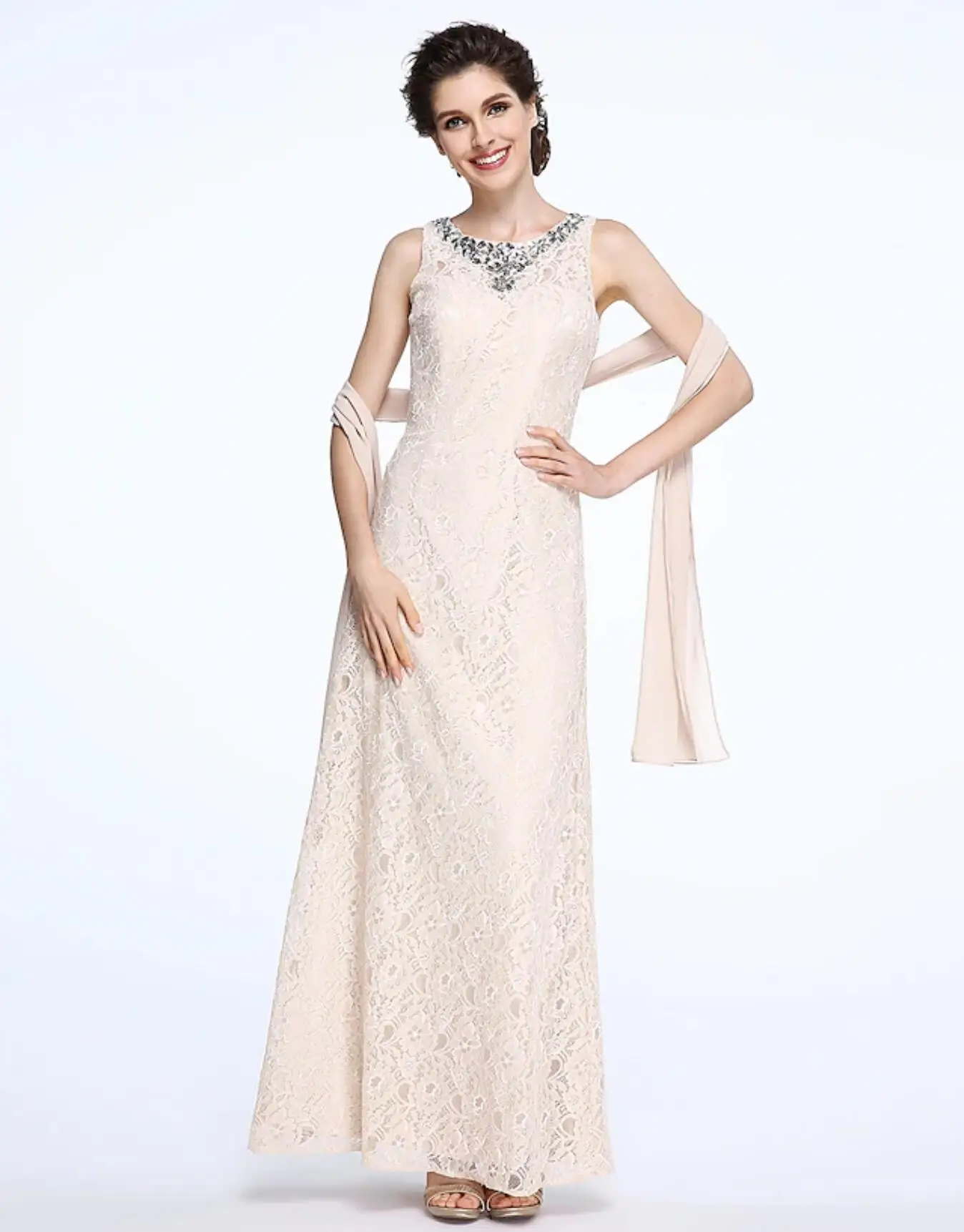 Элегантное кружевное платье в пол для матери невесты без рукавов с глубоким