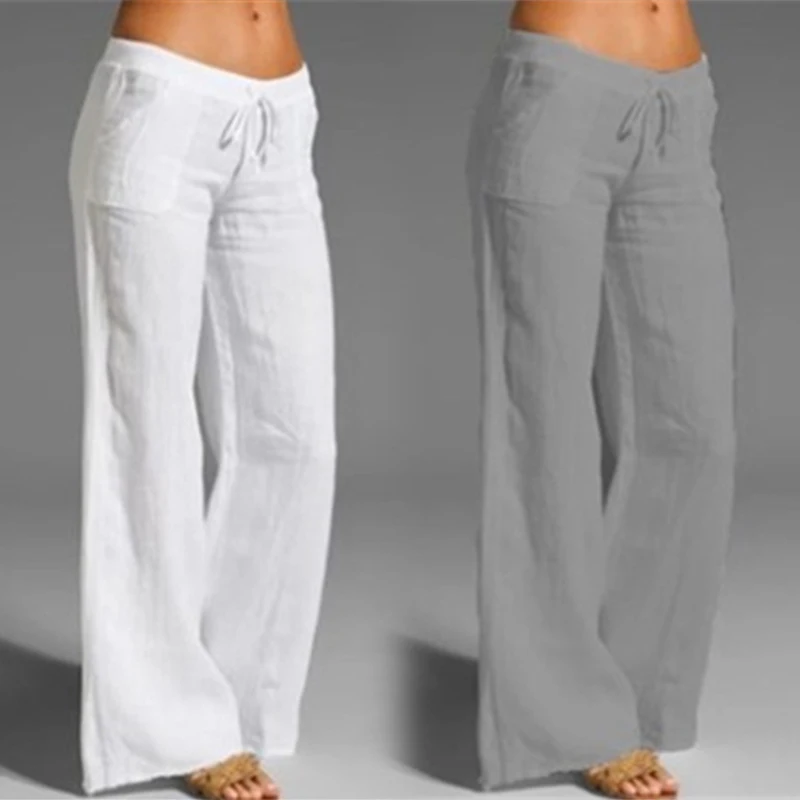 Summer Oversized Wide Leg Pants Women Vintage Cotton Linen Fashion Long Trousers Casual Elastic Waist Solid Pantalon 5XL