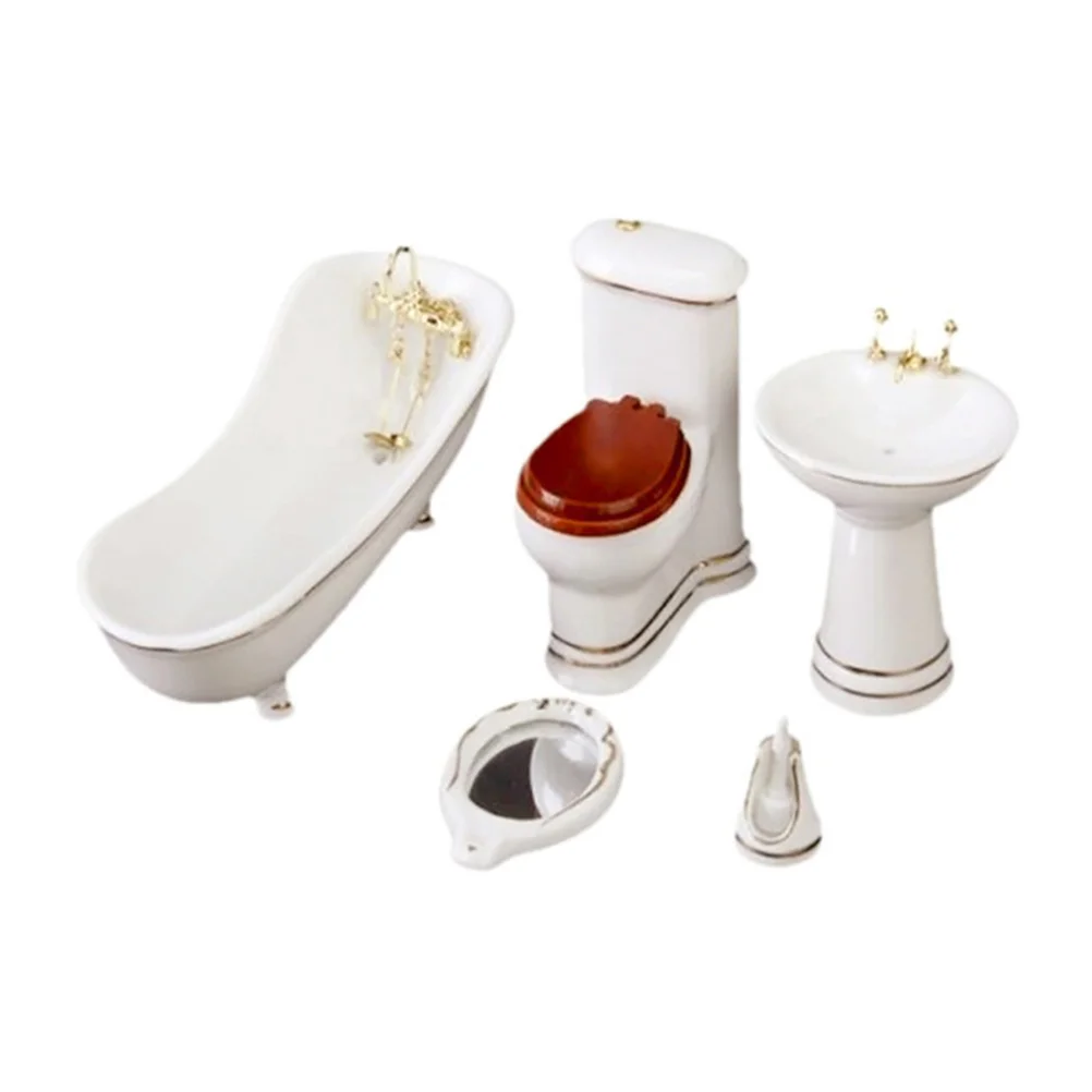 

5Pcs Miniature Furniture Mini House Ceramic Toilet Bathtub Furniture Model