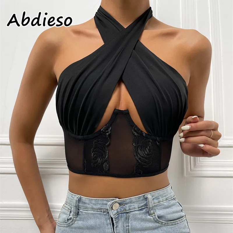Abdieso без бретелек Белый Сексуальный Кружевной укороченный корсет Топы для женщин